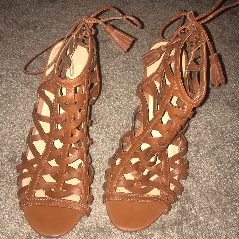 lace up cognac heels